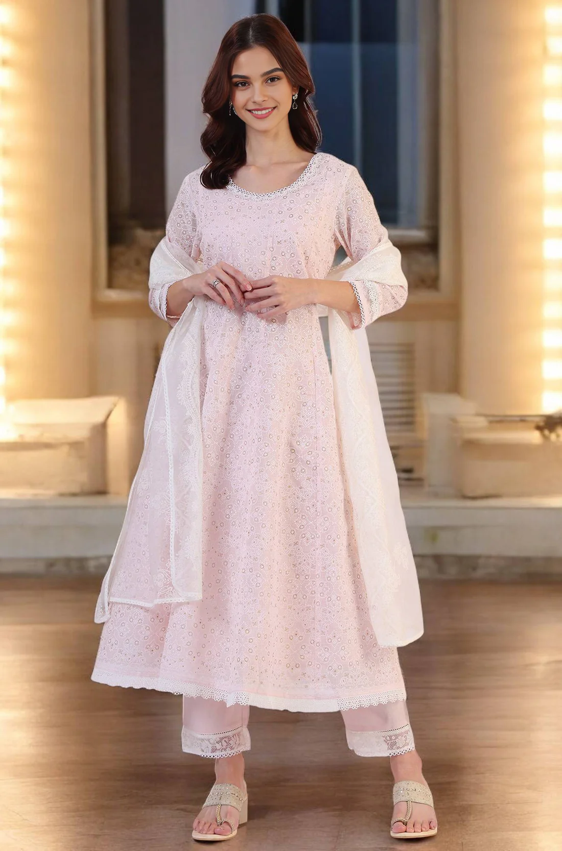 Pink Geometric Printed Anarkali Kota Kurta
